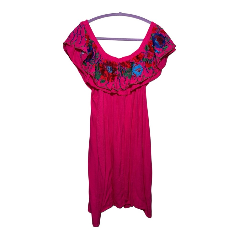 Umgee Fuchsia Embroidered Off Shoulder Boho Peasant Dress 1X